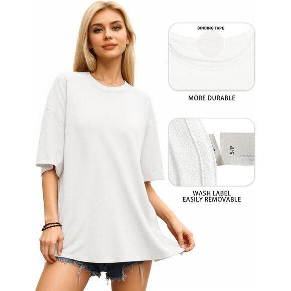 Women's Oversized Cotton Blend T Shirt Crew Neck Short Sleeve Casual Top - Picture 5 of 8